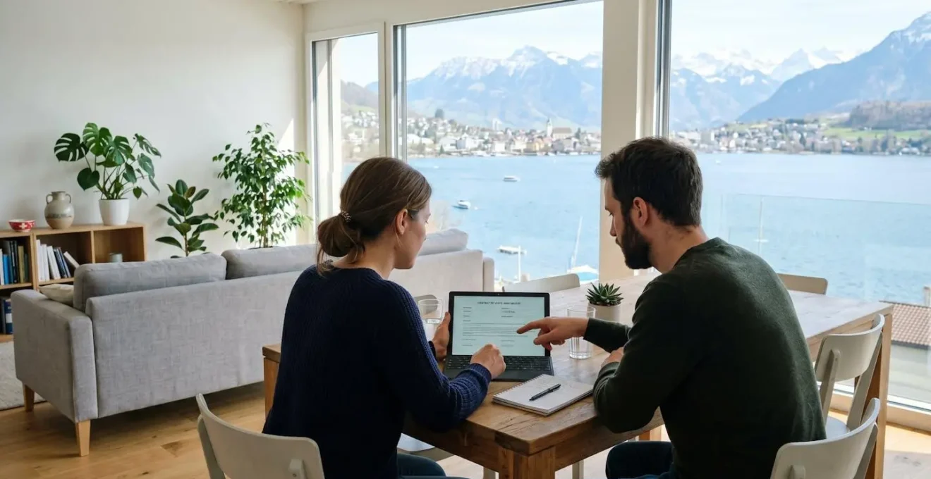 Un couple vu de dos consulte des documents immobiliers sur une tablette dans un salon moderne et lumineux avec vue sur le lac Léman