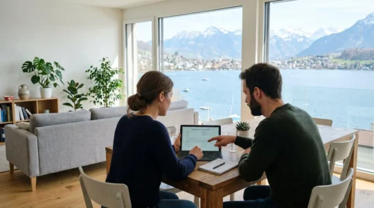Un couple vu de dos consulte des documents immobiliers sur une tablette dans un salon moderne et lumineux avec vue sur le lac Léman