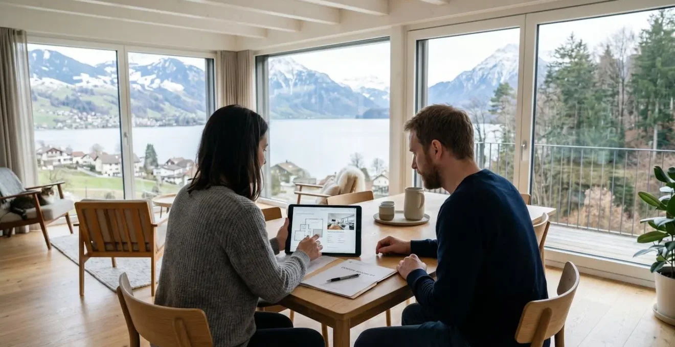 Un couple vu de dos consulte des documents immobiliers sur une tablette dans un salon moderne et lumineux avec vue sur le lac Léman
