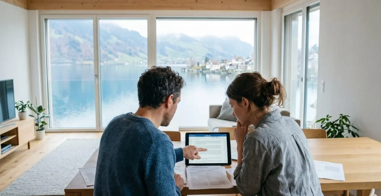 Un couple vu de dos consulte des documents immobiliers sur une tablette dans un salon moderne et lumineux avec vue sur le lac Léman