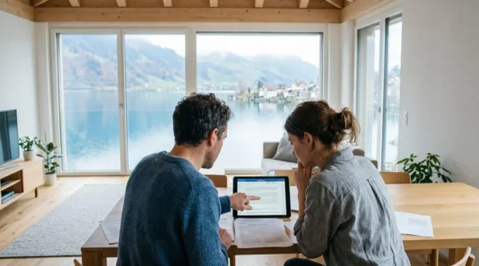Un couple vu de dos consulte des documents immobiliers sur une tablette dans un salon moderne et lumineux avec vue sur le lac Léman