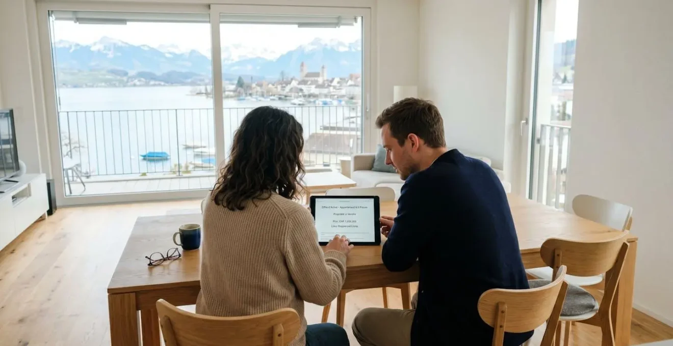 Un couple vu de dos consulte des documents immobiliers sur une tablette dans un salon moderne et lumineux avec vue sur le lac Léman