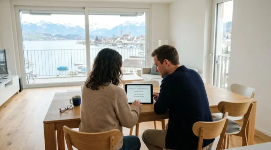 Un couple vu de dos consulte des documents immobiliers sur une tablette dans un salon moderne et lumineux avec vue sur le lac Léman