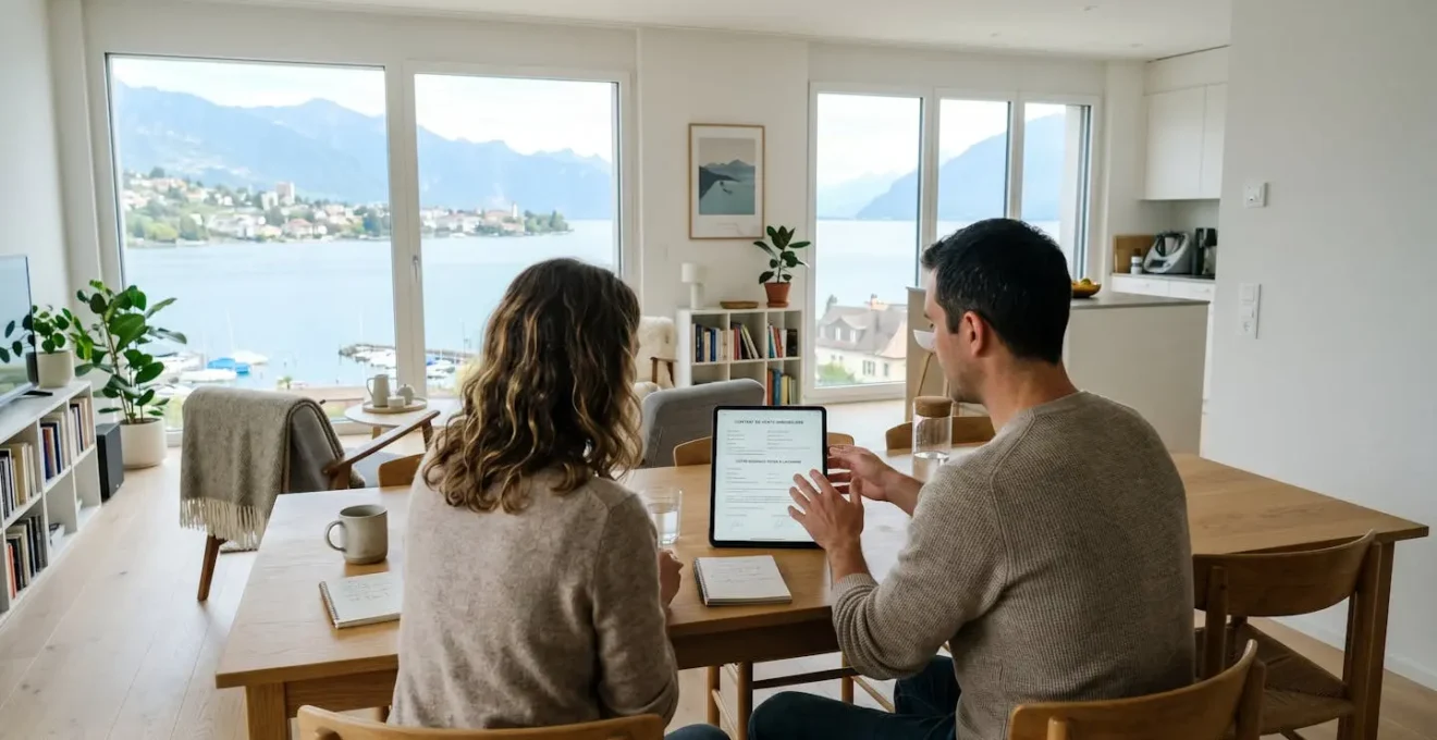 Un couple vu de dos consulte des documents immobiliers sur une tablette dans un salon moderne et lumineux avec vue sur le lac Léman