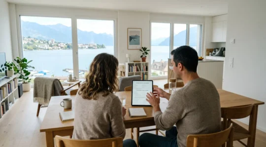 Un couple vu de dos consulte des documents immobiliers sur une tablette dans un salon moderne et lumineux avec vue sur le lac Léman