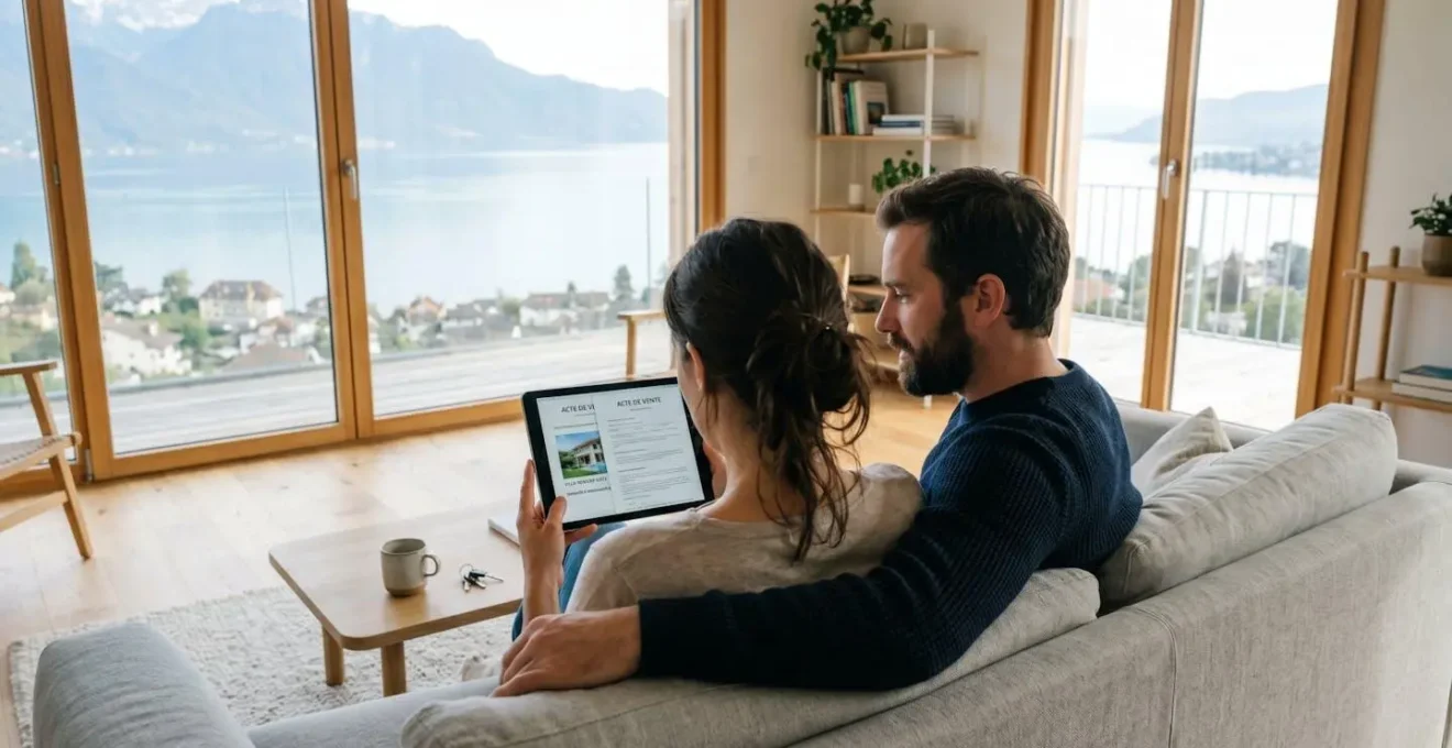 Un couple vu de dos consulte des documents immobiliers sur une tablette dans un salon moderne et lumineux avec vue sur le lac Léman