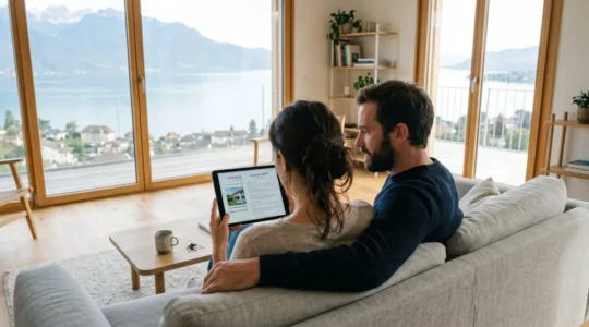 Un couple vu de dos consulte des documents immobiliers sur une tablette dans un salon moderne et lumineux avec vue sur le lac Léman
