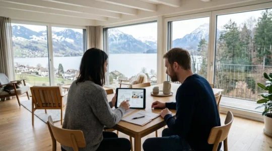 Un couple vu de dos consulte des documents immobiliers sur une tablette dans un salon moderne et lumineux avec vue sur le lac Léman