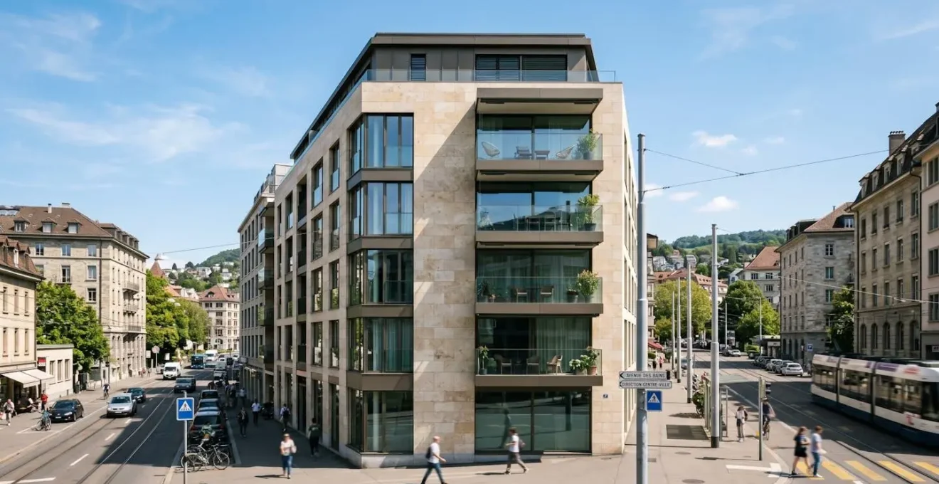 Façade d'un immeuble résidentiel moderne en pierre claire avec balcons, typique de l'architecture lausannoise contemporaine, sous un ciel lumineux
