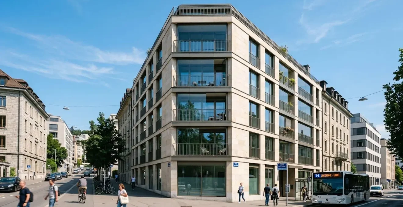 Façade d'un immeuble résidentiel moderne en pierre claire avec balcons, typique de l'architecture lausannoise contemporaine, sous un ciel lumineux