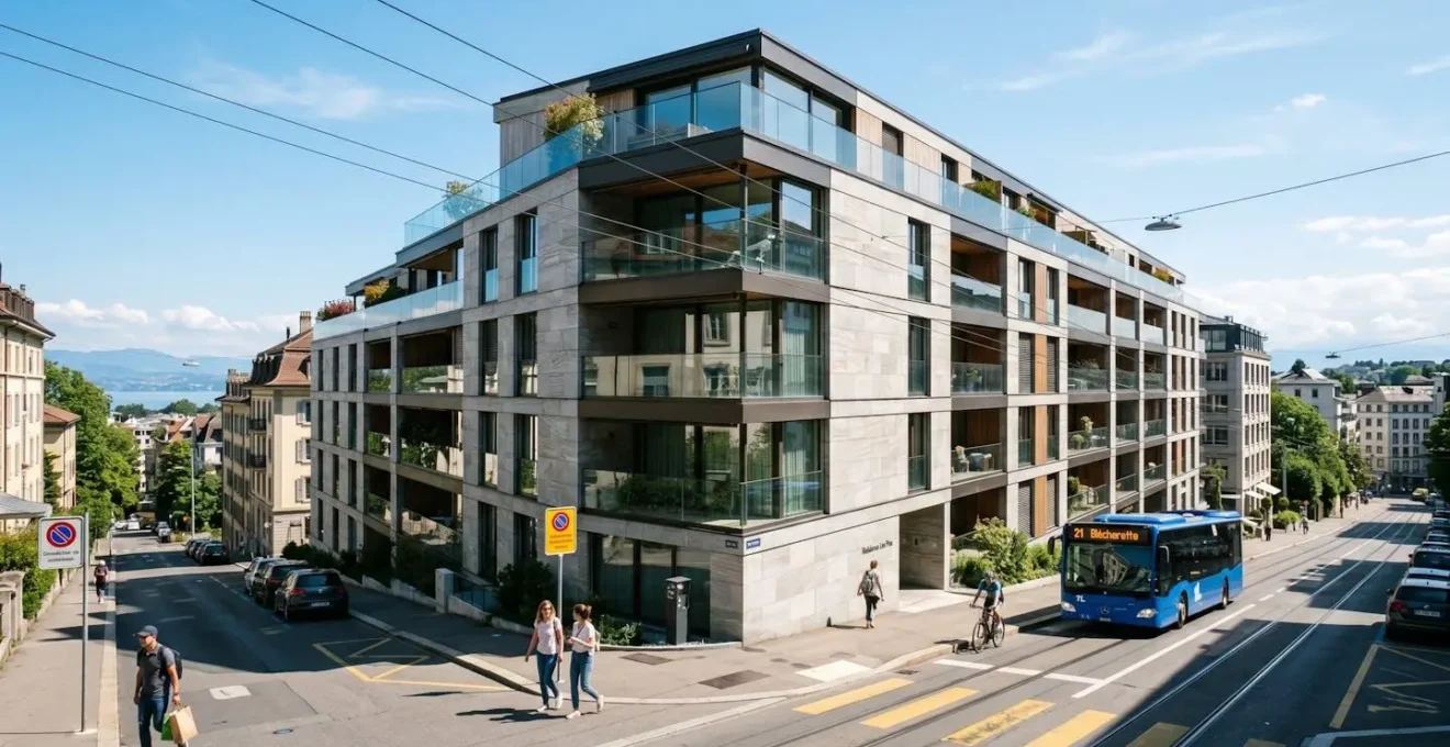 Façade d'un immeuble résidentiel moderne en pierre claire avec balcons, typique de l'architecture lausannoise contemporaine, sous un ciel lumineux