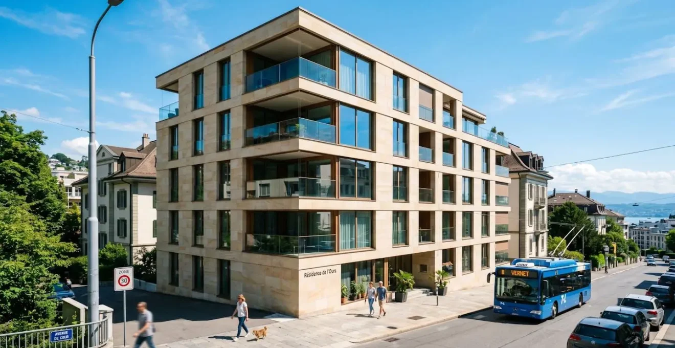 Façade d'un immeuble résidentiel moderne en pierre claire avec balcons, typique de l'architecture lausannoise contemporaine, sous un ciel lumineux