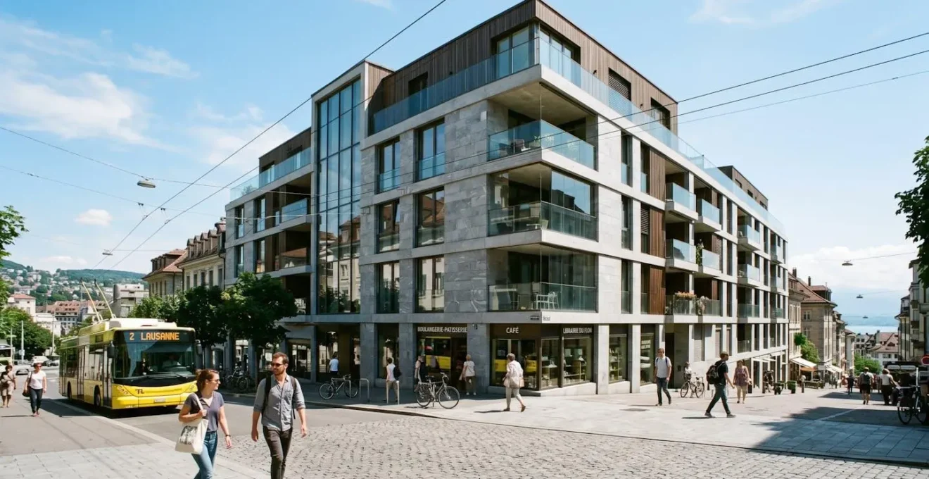 Façade d'un immeuble résidentiel moderne en pierre claire avec balcons, typique de l'architecture lausannoise contemporaine, sous un ciel lumineux