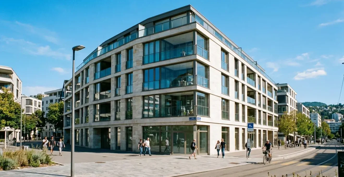 Façade d'un immeuble résidentiel moderne en pierre claire avec balcons, typique de l'architecture lausannoise contemporaine, sous un ciel lumineux