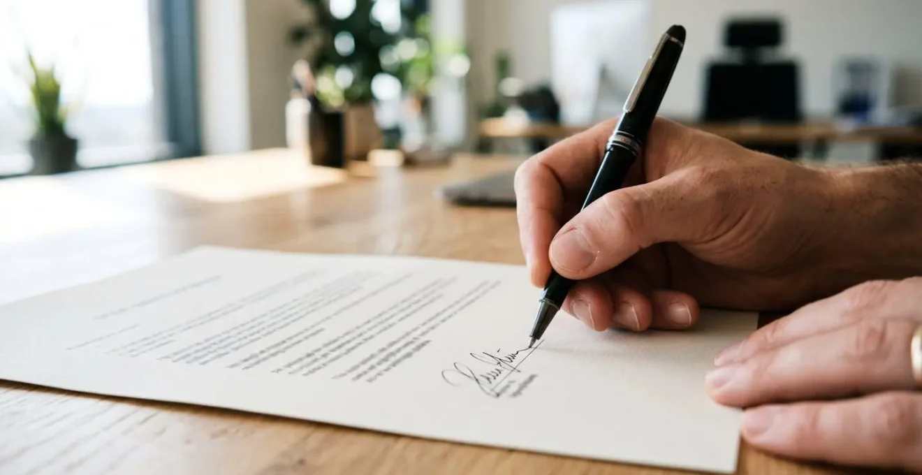 Gros plan sur une main signant un document officiel avec un stylo de qualité sur un bureau en bois clair, arrière-plan flouté