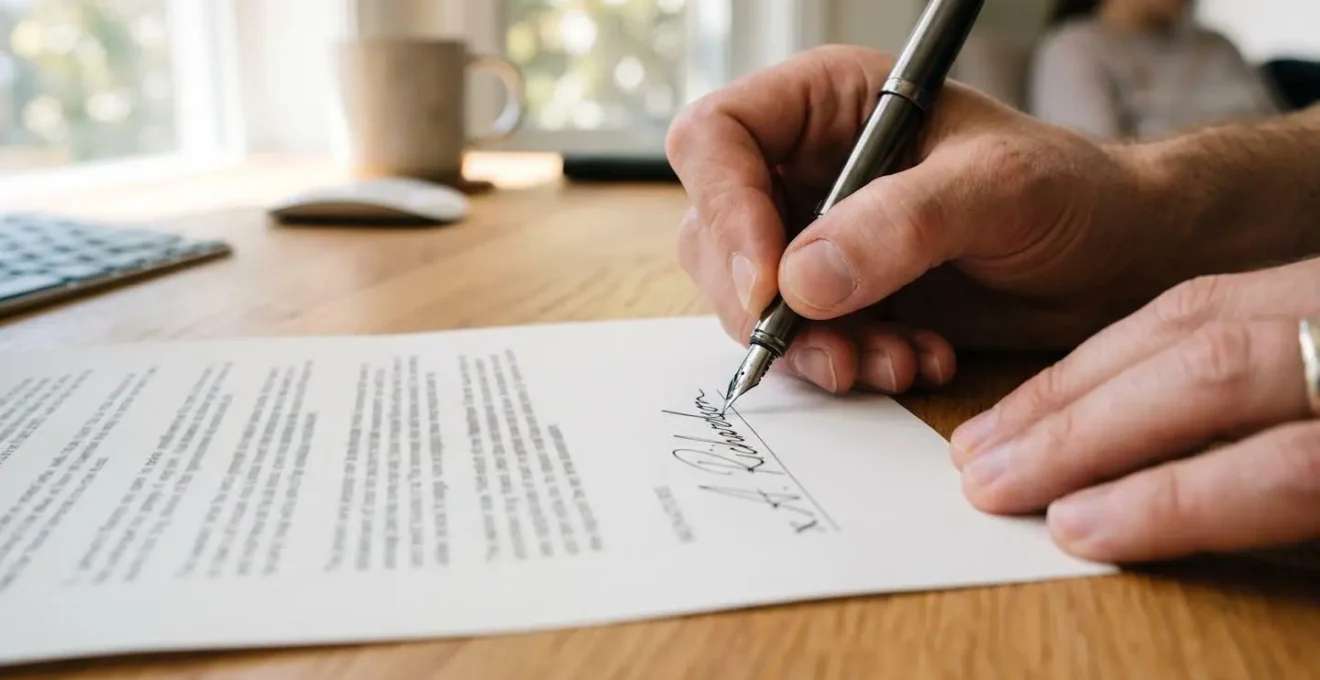 Gros plan sur une main signant un document officiel avec un stylo de qualité sur un bureau en bois clair, arrière-plan flouté