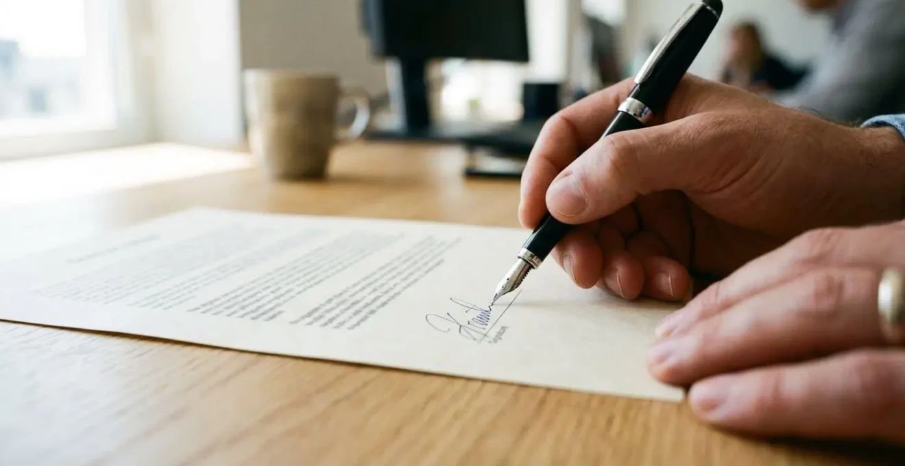 Gros plan sur une main signant un document officiel avec un stylo de qualité sur un bureau en bois clair, arrière-plan flouté