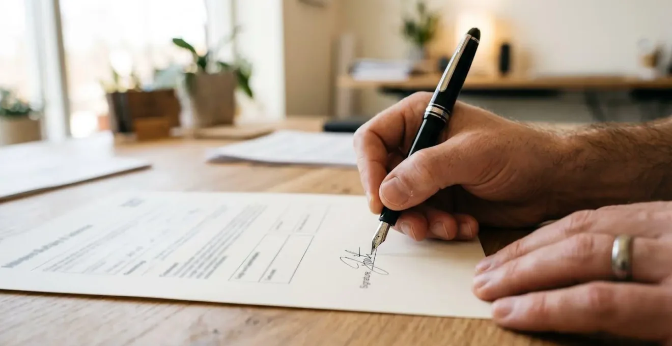 Gros plan sur une main signant un document officiel avec un stylo de qualité sur un bureau en bois clair, arrière-plan flouté