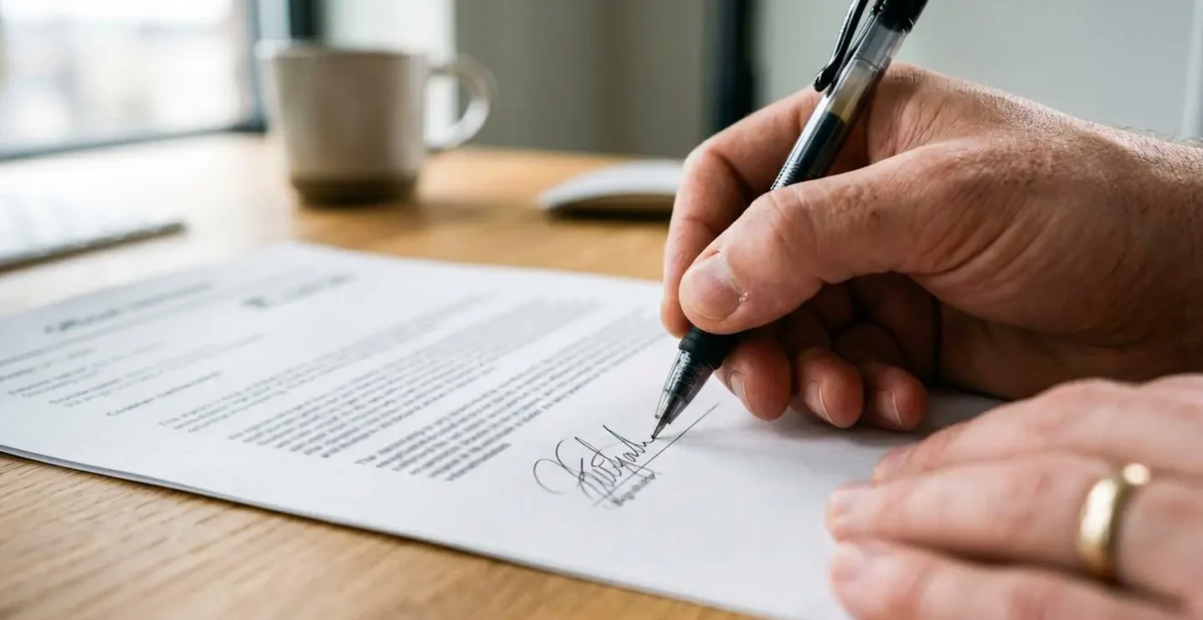 Gros plan sur une main signant un document officiel avec un stylo de qualité sur un bureau en bois clair, arrière-plan flouté